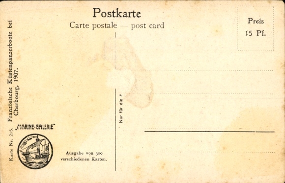 Artist Postcard Rave, Chr., Marine Gallery No. 215, French coastal armored boats near Cherbourg, 1907
