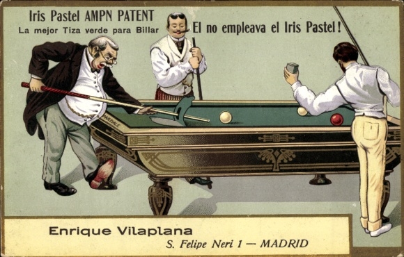 Chromo-Litho men at the billiard table, advertising Iris Pastel green billiard chalk