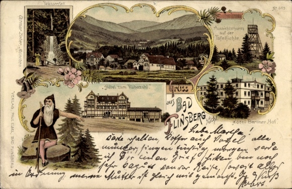 litho Świeradów Zdrój Bad Flinsberg Silezië, Hotel Berliner Hof, Hotel zum Rübezahl, Tafelfichte