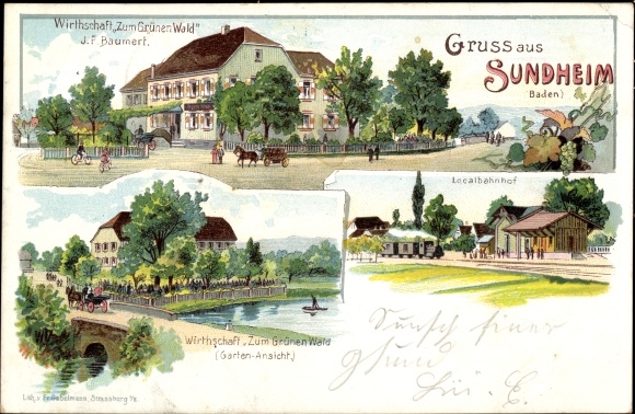 Chromo-Litho Sundheim Kehl am Rhein Baden, local train station, Zum Grünen Baum, owner JF Baumert