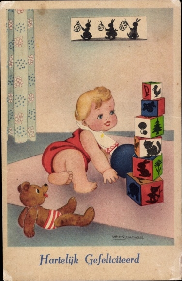 Artist Postcard Schermele, Willy, congratulations birthday, child, teddy, toys