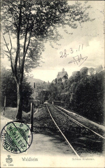 Ansichtkaart Kriebstein Mittelsachsen, baanvak, Waldheim, kasteel Kriebstein, spoorlijn