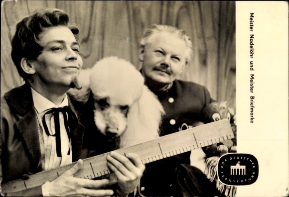 Postcard Master Needle Eye and Master Stamp, Poodle, DDR German Television