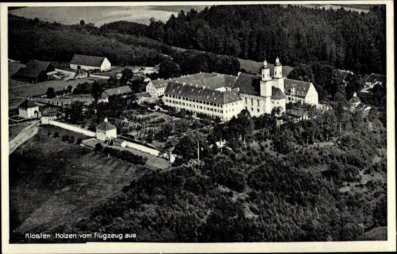 Postcard Allmannshofen, view of the Holzen monastery, aerial photo