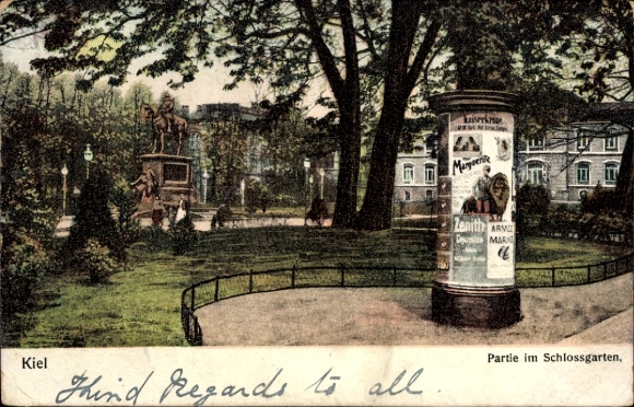 Ak Kiel,  Schlossgarten, Statue, Werbesäule, Pferd