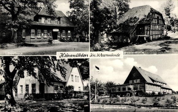 Postcard Hainmühlen Geestland, Gasthaus zur Eiche, owner Joh. Lohsen, water mill, school, youth hostel