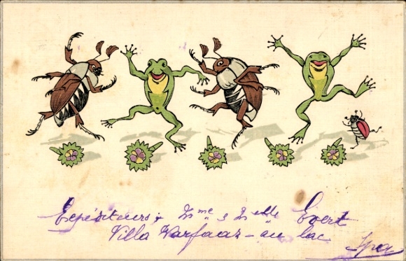 Artist Postcard Dancing Frogs and May Beetles