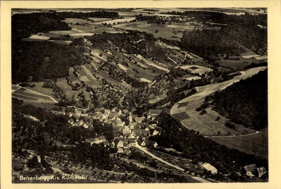 Postcard Belsenberg Künzelsau am Kocher Hohenlohekreis, aerial photograph