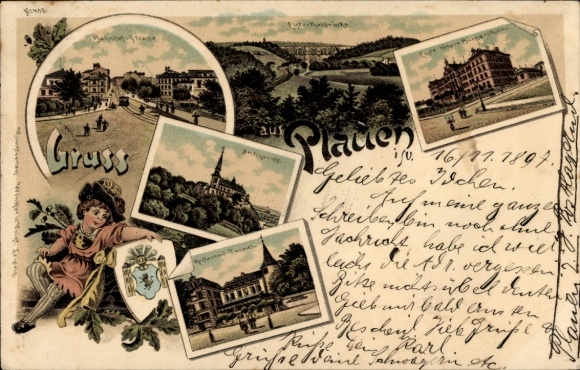 Coat of arms Chromo-Litho Plauen in the Vogtland, city section, general view, castle