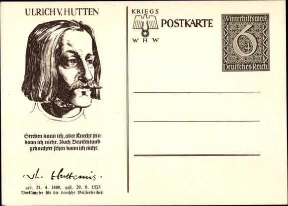 Postal stationery PC Ulrich von Hutten, portrait, war WHW
