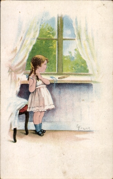 Artist Postcard Frank E., girl in white dress, window, braids