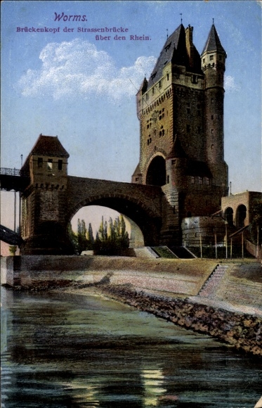 Worms am Rhein, bridgehead of the road bridge over the Rhine, historical architecture, water...