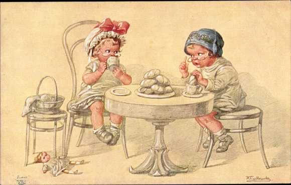 Künstler Ak Fialkowska, Wally, Wie die Alten sungen, Kinderpaar am Esstisch, Nr. 1206