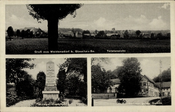 Postcard Weidensdorf Remse in Saxony, total view, war memorial, inn to the good source, owner Astl