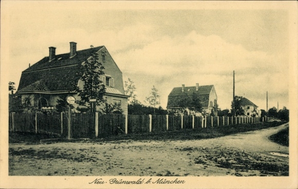 Postcard Neu Grünwald near Munich, street, houses