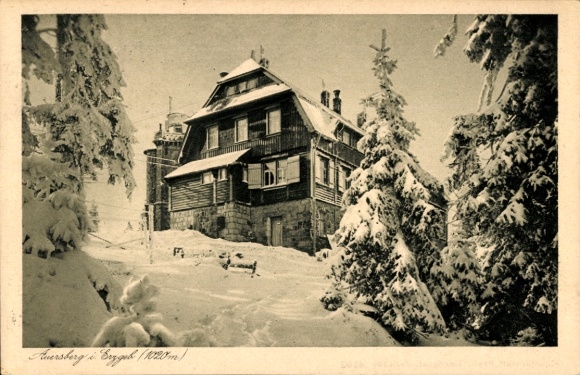 Postcard Wildenthal Eibenstock Erzgebirge, view of accommodation house on the Auersberg, winter landscape