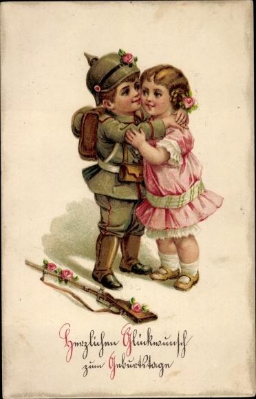 Ak Glückwunsch Geburtstag, Soldat umarmt ein Mädchen