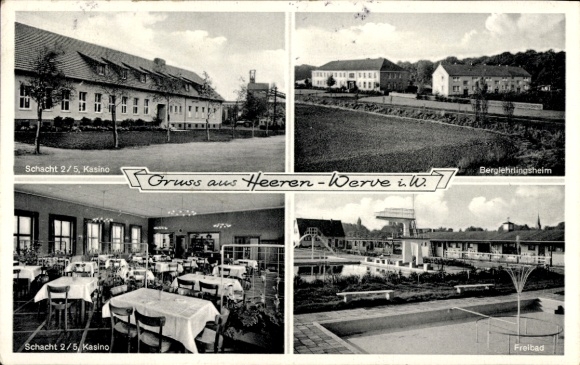 Postcard Heeren Werve Kamen in Westphalia, shaft 2/5, casino, outdoor swimming pool, mountain apprentice home