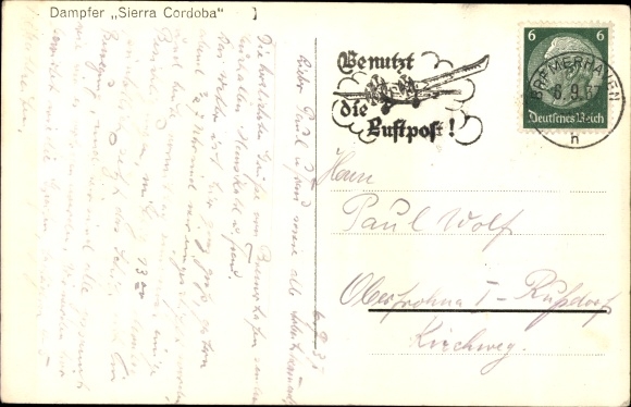 Postcard KdF steamer Sierra Cordoba