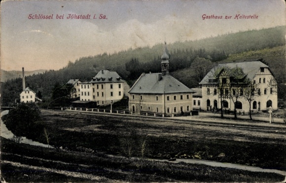 Ak Jöhstadt im Erzgebirge Sachsen, Schlössel, Gasthaus zur Haltestelle, Berglandschaft, histor...