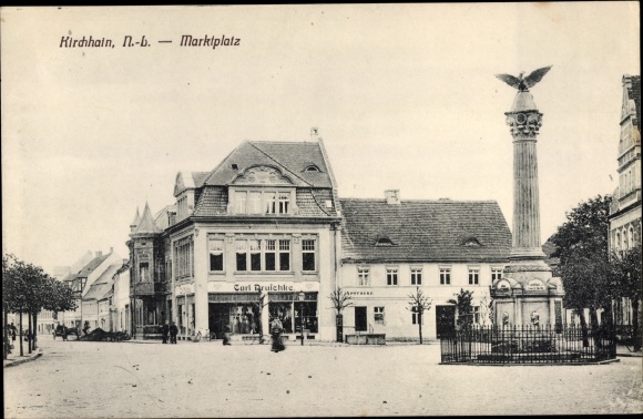 PC Doberlug Kirchhain in Brandenburg, market square, war memorial, Carl Druschke shop
