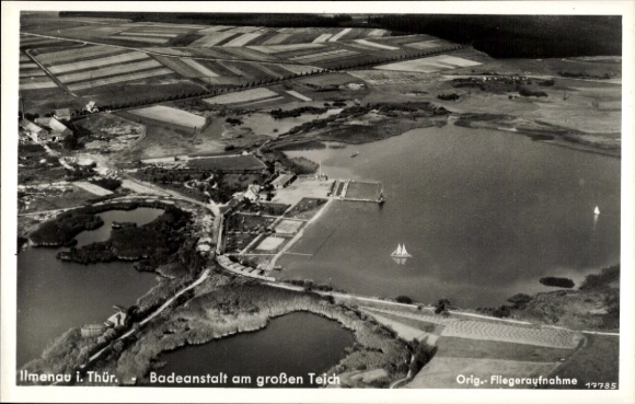 Postcard Ilmenau in Thuringia, aerial photograph, swimming pool at the large pond