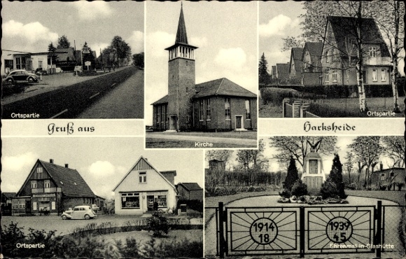 Ak Harksheide Norderstedt Sleeswijk-Holstein, zwart-wit fotocollage, kerk, lokale feesten, eer