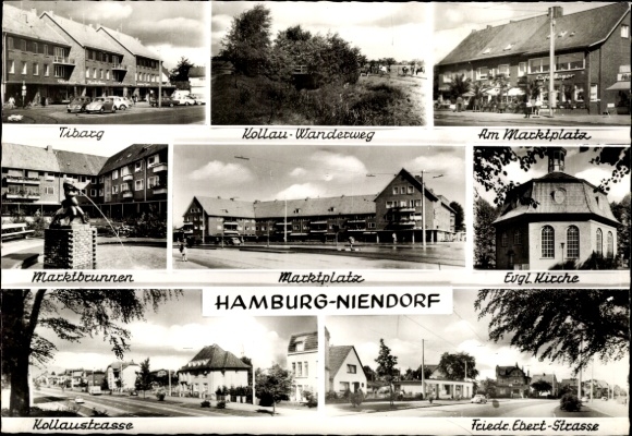 Postcard Hamburg Eimsbüttel Niendorf, church, market fountain, street views