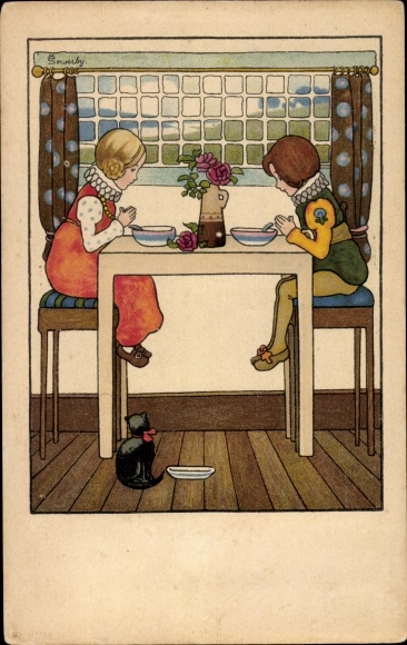 Kunstenaar Ak Sowerby, Jongen en meisje aan de eettafel, kat