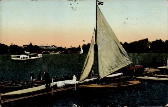 Postcard Hamburg Mitte Neustadt, sailing boat, Binnenalster, Lombardsbrücke, landscape with water and building
