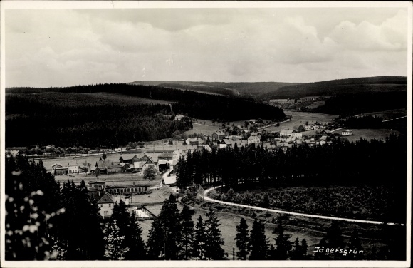 Photo Postcard Jägersgrün Muldenhammer in the Vogtland, residential buildings, forest, landscape