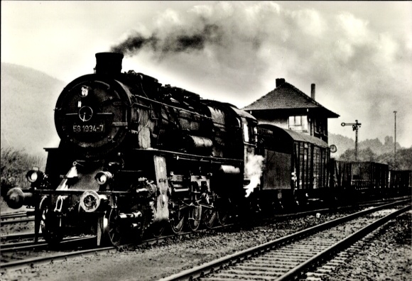 PC Schwarzenberg in the Ore Mountains, Saxony, steam locomotive 58 1934, freight train, station, summer 1975