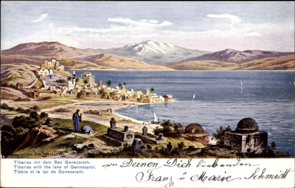 Artist Postcard Perlberg, F., Tiberias Israel, Panorama, See Galilee