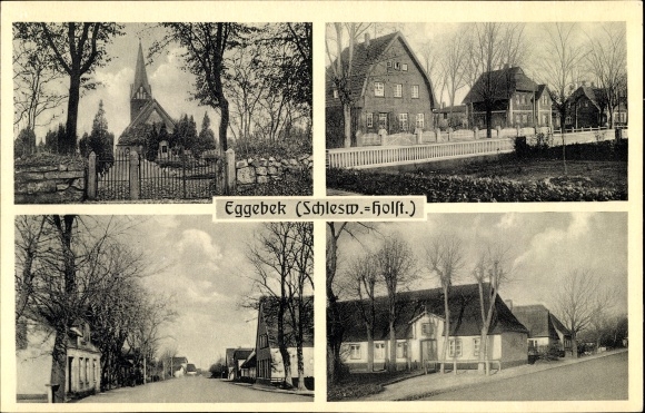 Ak Eggebek Kreis Flensburg, Kirche, Häuser mit Gärten, Straßenansichten