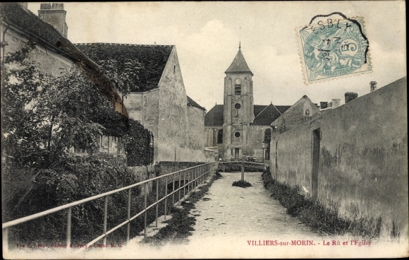Ak Villiers-sur-Morin Seine et Marne, Le Ru et l&#39;Eglise