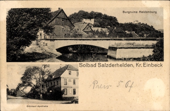 Ak Salzderhelden Einbeck in Nedersaksen, kasteelruïne Heldenburg, apotheek Glückauf