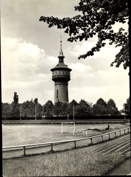 Postcard Forst id Lausitz, game at the stadium, soccer field, water tower