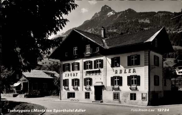 Postcard Tschagguns in Vorarlberg, Sporthotel Adler, mountains in the background, black and white photo