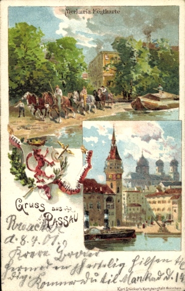Herb lito Passau w Dolnej Bawarii, częściowy widok, ścieżka holownicza, Merkuria