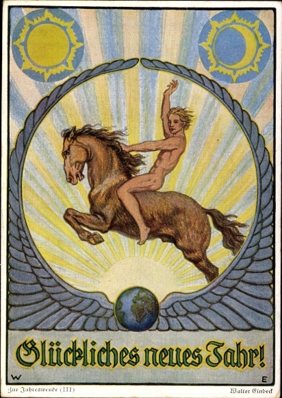 Jugendstil Künstler Ak Einbeck, Walter, Glückwunsch Neujahr, Männerakt, Pferd
