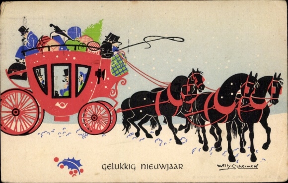 Artist Postcard Schermele, W., Happy New Year, carriage, horses