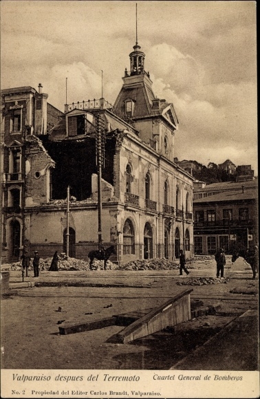 Postcard Valparaíso Chile, earthquake, fire center