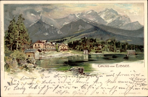 Artist Chromo-Litho Deuchert, H., Grainau in the district of Garmisch Partenkirchen, view of the town from the Eibsee