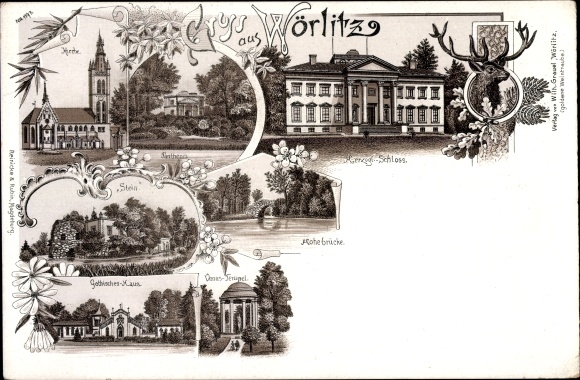 litho Oranienbaum Wörlitz, kerk, kasteel, gotisch huis, Venustempel