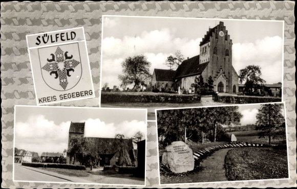 Coat of arms Postcard Sülfeld in Schleswig Holstein, church, memorial stone