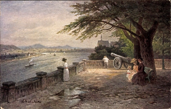PC Bonn am Rhein, Rhineland landscape, view of the river, tree, cannon, people