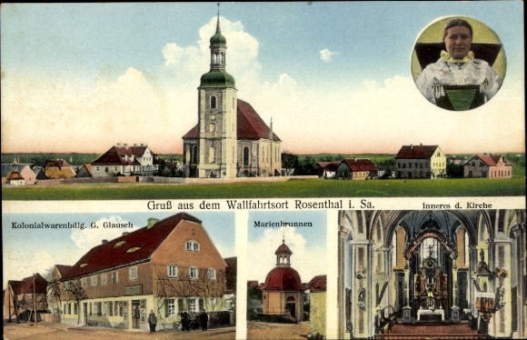 Ak Rosenthal Bielatal Saksisch Zwitserland, kerk, supermarkt, Marienbrunnen