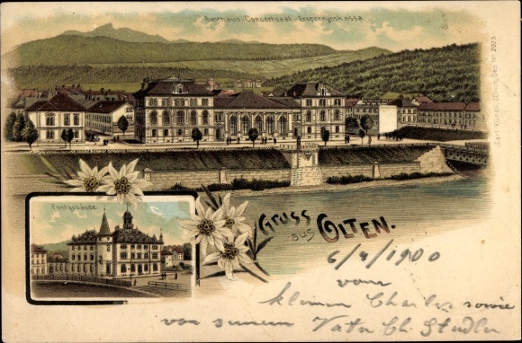 Chromo-Litho Olten Canton Solothurn, post office building, office building, concert hall, savings register