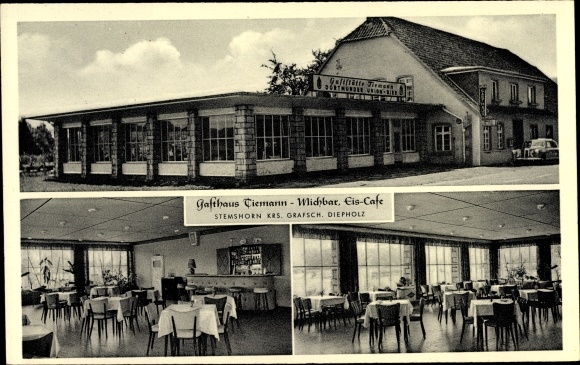 Ansichtkaart Stemshorn in Nedersaksen, Gasthof Tiemann, buiten- en binnenaanzicht