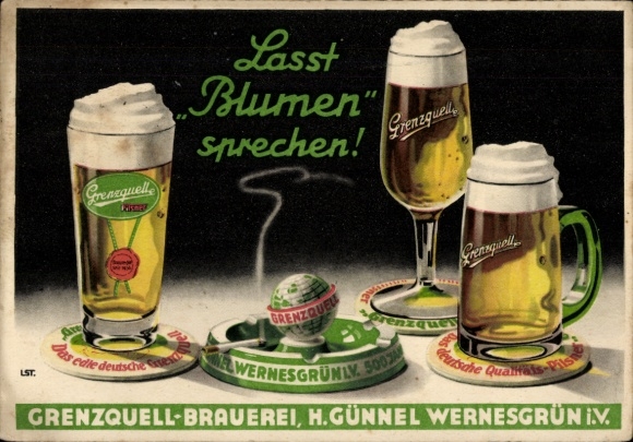 Postcard Let flowers speak, beer glasses, advertising, Grenzquell Brewery Wernesgrün, H. Günnel